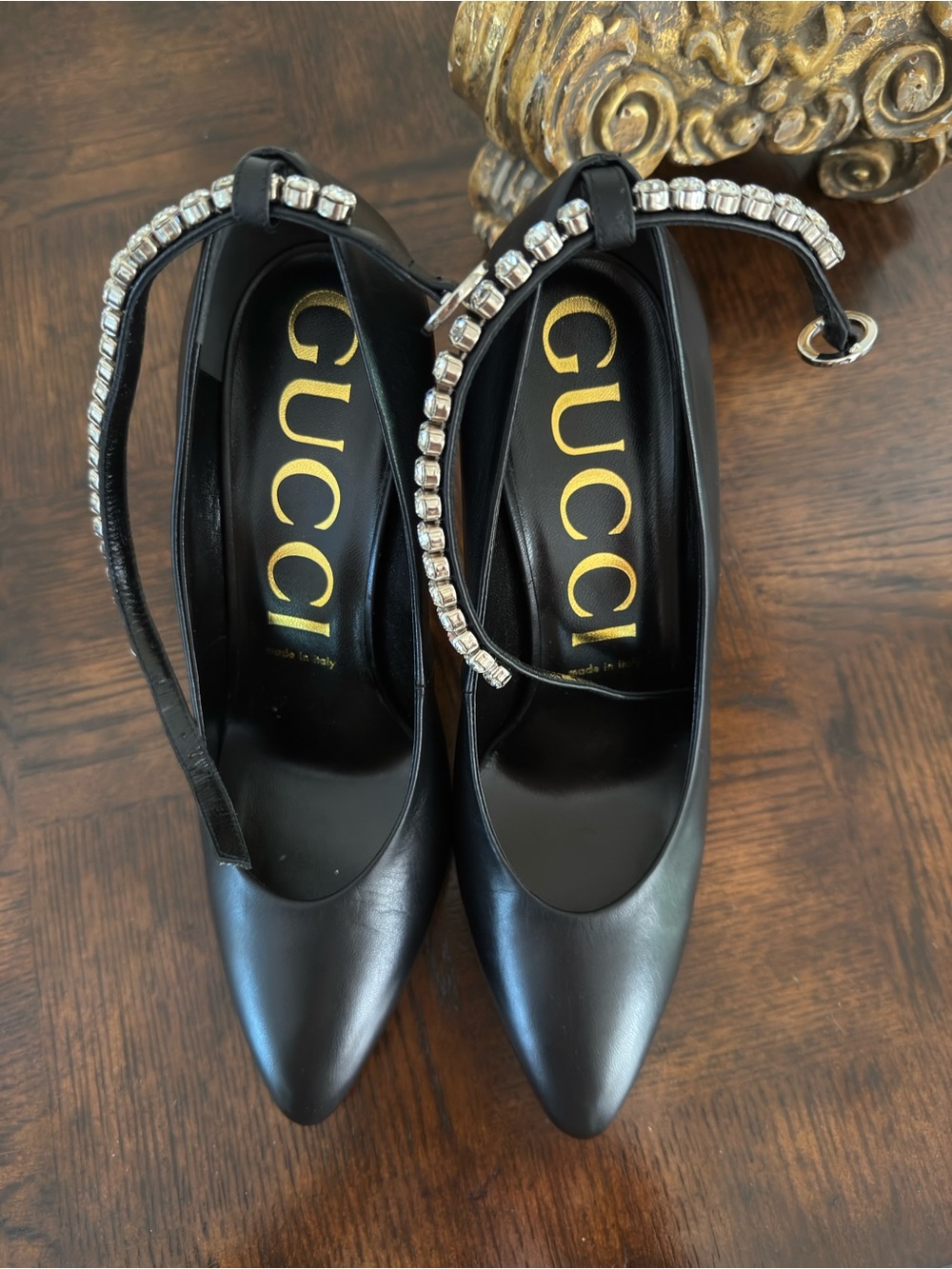 Gucci Black Leather Pointed Pumps with Crystal-Strap Ankle Detail